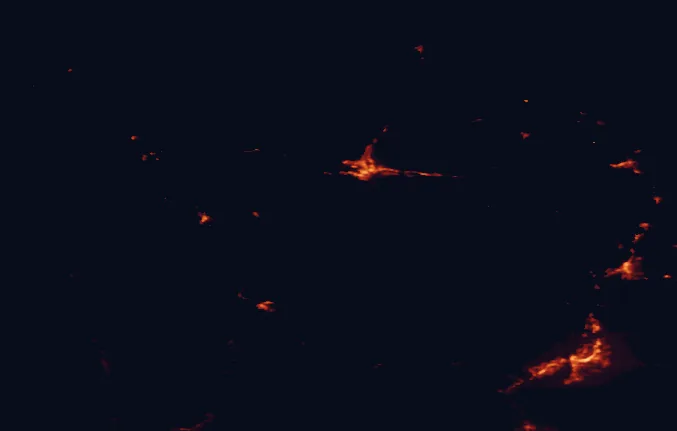 Satellite night-light map of the 100 km around Lac Le Jeune Provincial Park, with Kamloops, Kelowna and Vernon marked