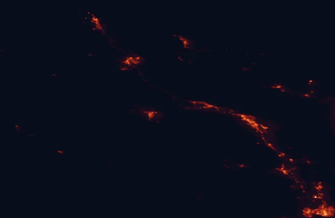 Satellite night-light map of the 100 km around MacMillan Provincial Park, with Nanaimo, Saanich and Port Alberni marked