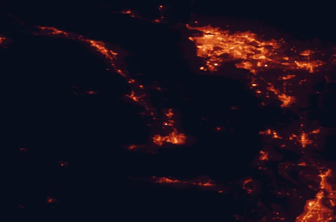 Satellite night-light map of the 100 km around McDonald Park, with Vancouver, Surrey and Victoria marked