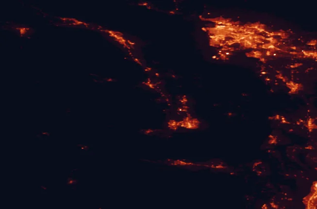Satellite night-light map of the 100 km around Memory Island Provincial Park, with Vancouver, Victoria and Surrey marked