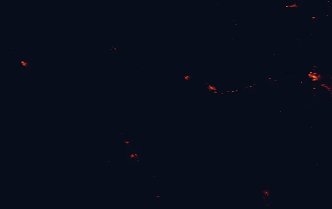 Satellite night-light map of the 100 km around Mount Assiniboine Provincial Park, with Cochrane, Canmore and Banff marked