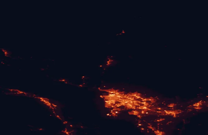 Satellite night-light map of the 100 km around Murrin Provincial Park, with Vancouver, Surrey and Burnaby marked