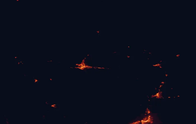 Satellite night-light map of the 100 km around Paul Lake Provincial Park, with Kamloops, Vernon and Salmon Arm marked