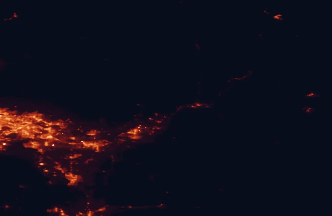 Satellite night-light map of the 100 km around Sasquatch Provincial Park, with Surrey, Burnaby and Chilliwack marked