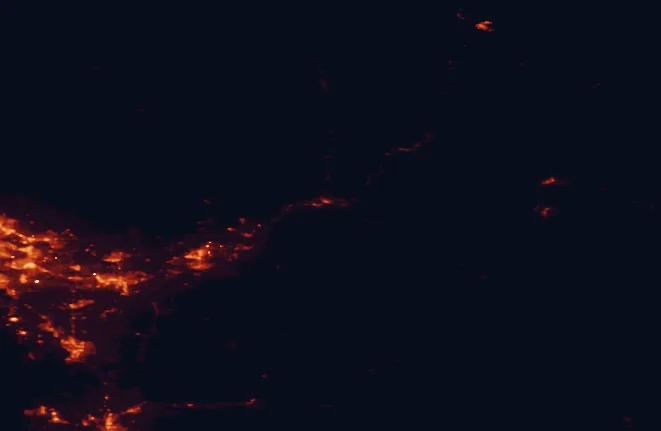 Satellite night-light map of the 100 km around Silver Lake Provincial Park, with Chilliwack, Abbotsford and Langley marked