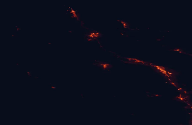 Satellite night-light map of the 100 km around Sproat Lake Provincial Park, with Nanaimo, Port Alberni and Courtenay marked