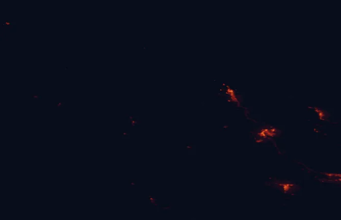 Satellite night-light map of the 100 km around Strathcona Provincial Park, with Campbell River, Courtenay and Comox marked