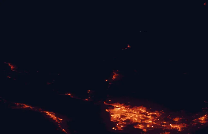 Satellite night-light map of the 100 km around Tantalus Provincial Park, with Vancouver, Surrey and Burnaby marked