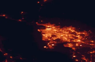 Satellite night-light map of the 50 km around Vancouver, with Surrey, Burnaby and Richmond marked