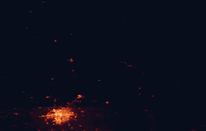 Satellite night-light map of the 100 km around Grand Beach Provincial Park, with Winnipeg and Selkirk marked
