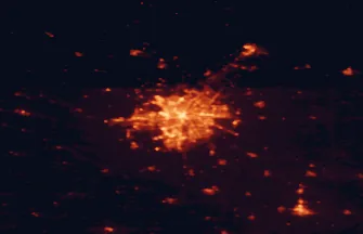 Satellite night-light map of the 50 km around Winnipeg, with West St. Paul, Steinbach and Selkirk marked