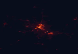 Satellite night-light map of the 50 km around Fredericton, with Douglas, Sunbury-York South and Oromocto marked