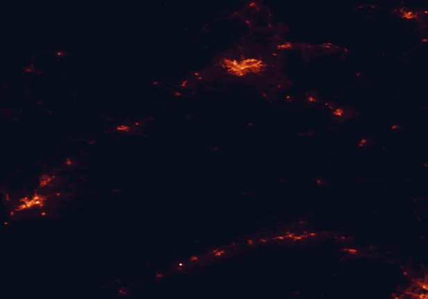 Satellite night-light map of the 100 km around Fundy National Park, with Moncton, Saint John and Dieppe marked