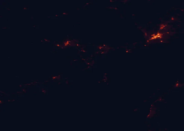 Satellite night-light map of the 100 km around Herring Cove Provincial Park, with Saint John, Quispamsis and Saint John West marked