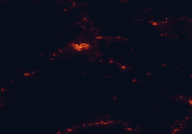 Satellite night-light map of the 100 km around Hopewell Rocks Provincial Park, with Moncton, Dieppe and Riverview marked