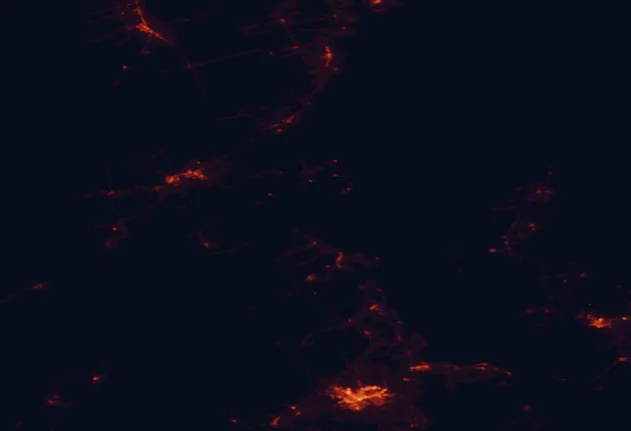 Satellite night-light map of the 100 km around Kouchibouguac National Park, with Moncton, Miramichi and Dieppe marked