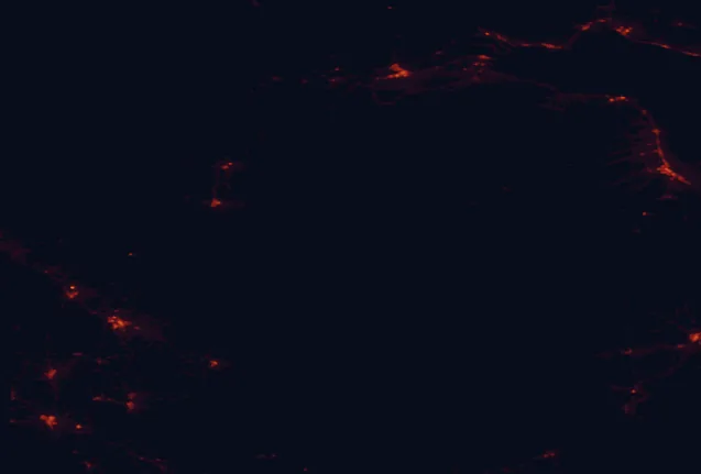 Satellite night-light map of the 100 km around Mount Carleton Provincial Park, with Belle-Baie, Bathurst and Presque Isle marked