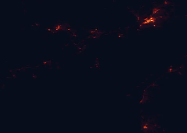 Satellite night-light map of the 100 km around The Anchorage Provincial Park, with Saint John, Quispamsis and Saint John West marked