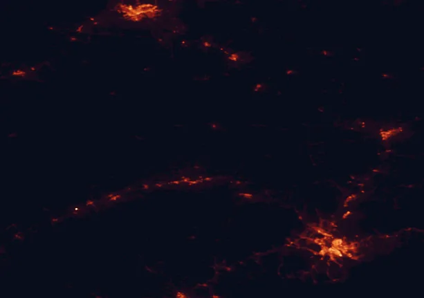 Satellite night-light map of the 100 km around Blomidon Provincial Park, with Halifax, Dartmouth and Moncton marked