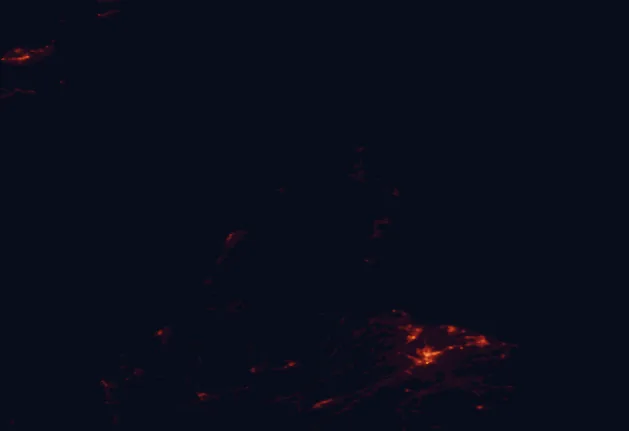 Satellite night-light map of the 100 km around Cape Breton Highlands National Park, with Sydney, Glace Bay and Sydney Mines marked