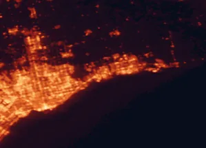 Satellite night-light map of the 50 km around Ajax, with Toronto, Markham and Whitby marked