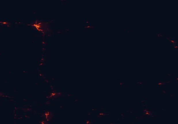 Satellite night-light map of the 100 km around Algonquin Provincial Park, with North Bay, Huntsville and Bracebridge marked