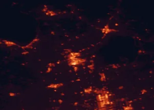 Satellite night-light map of the 50 km around Barrie, with Innisfil, Newmarket and Aurora marked