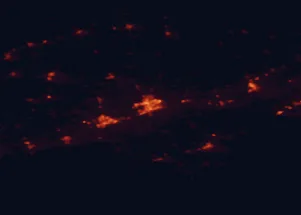Satellite night-light map of the 50 km around Belleville, with Quinte West, Prince Edward and Greater Napanee marked