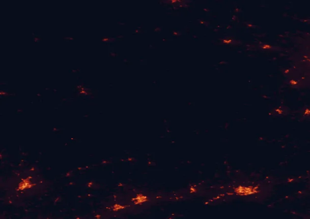 Satellite night-light map of the 100 km around Bon Echo Provincial Park, with Kingston, Peterborough and Belleville marked