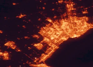 Satellite night-light map of the 50 km around Brampton, with Toronto, Mississauga and Etobicoke marked