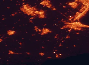 Satellite night-light map of the 50 km around Brantford, with Hamilton, Kitchener and Cambridge marked