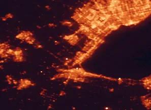 Satellite night-light map of the 50 km around Burlington, with Toronto, Hamilton and Mississauga marked