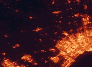 Satellite night-light map of the 50 km around Caledon, with Brampton, Mississauga and Etobicoke marked