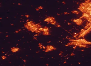 Satellite night-light map of the 50 km around Cambridge, with Hamilton, Brampton and Kitchener marked