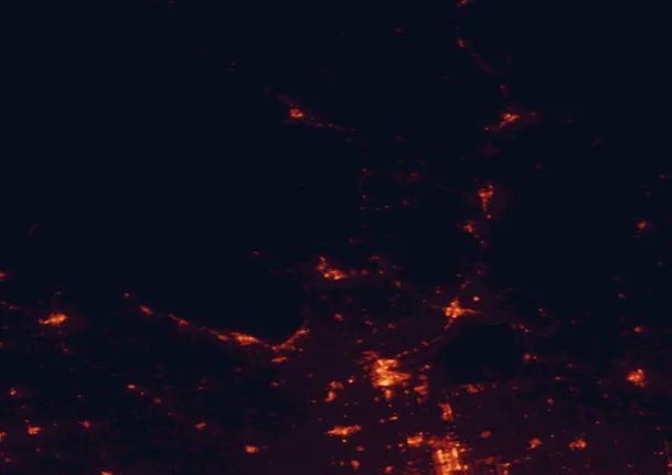 Satellite night-light map of the 100 km around Georgian Bay Islands National Park, with Barrie, Newmarket and Midland marked