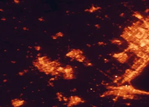 Satellite night-light map of the 50 km around Guelph, with Brampton, Hamilton and Kitchener marked