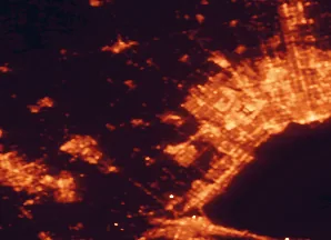 Satellite night-light map of the 50 km around Halton Hills, with Toronto, Brampton and Mississauga marked