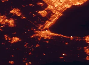 Satellite night-light map of the 50 km around Hamilton, with Mississauga, Burlington and Etobicoke marked