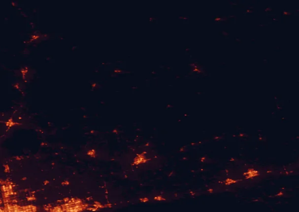 Satellite night-light map of the 100 km around Kawartha Highlands Provincial Park, with Oshawa, Peterborough and Pickering marked