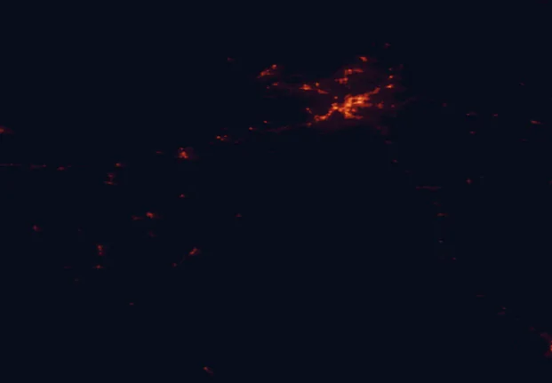 Satellite night-light map of the 100 km around Killarney Provincial Park, with Greater Sudbury, Valley East and Rayside-Balfour marked