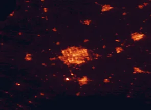 Satellite night-light map of the 50 km around London, with St. Thomas, Woodstock and Strathroy marked