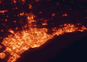 Satellite night-light map of the 50 km around Markham, with Toronto, Mississauga and Brampton marked
