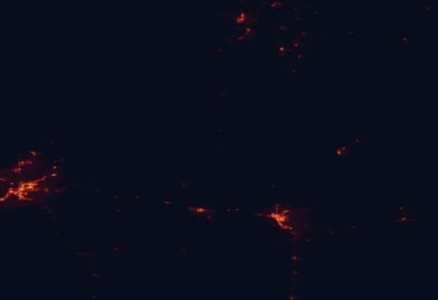 Satellite night-light map of the 100 km around Marten River Provincial Park, with Greater Sudbury, North Bay and West Nipissing marked