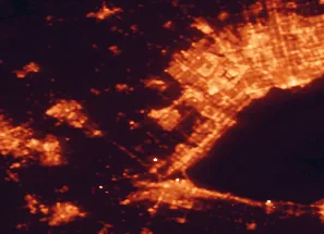 Satellite night-light map of the 50 km around Milton, with Toronto, Mississauga and Brampton marked