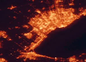 Satellite night-light map of the 50 km around Mississauga, with Toronto, Brampton and Etobicoke marked