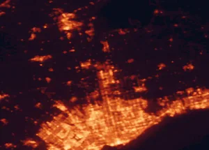 Satellite night-light map of the 50 km around Newmarket, with Toronto, Brampton and Vaughan marked