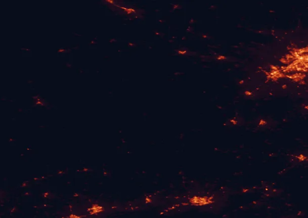 Satellite night-light map of the 100 km around North Frontenac, with Gatineau, Nepean and Kingston marked