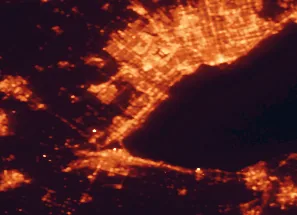 Satellite night-light map of the 50 km around Oakville, with Toronto, Mississauga and Brampton marked
