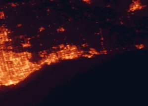 Satellite night-light map of the 50 km around Oshawa, with Toronto, Whitby and Markham marked
