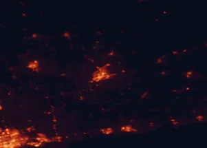 Satellite night-light map of the 50 km around Peterborough, with Oshawa, Bowmanville and Lindsay marked